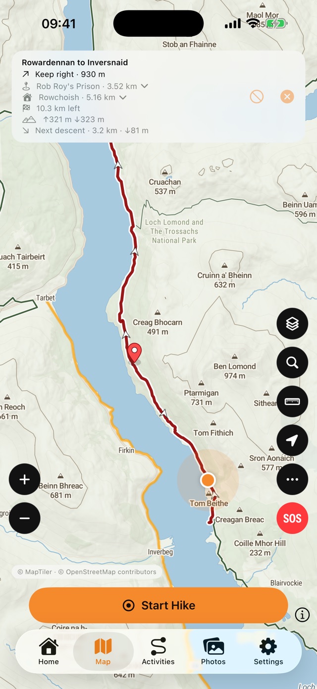 Following a route: the next turn, distance to the next waypoint, distance left and an ETA over the map
