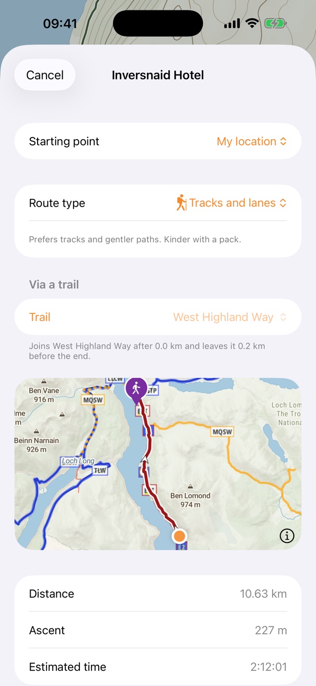 Walk here: a route to the Inversnaid Hotel along the West Highland Way with a preview map, 10.63 km, 227 m of ascent and an estimated 2 hours 12 minutes